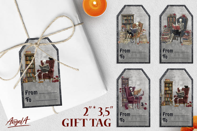 Book lover Halloween gift tags, funny skeleton reading book