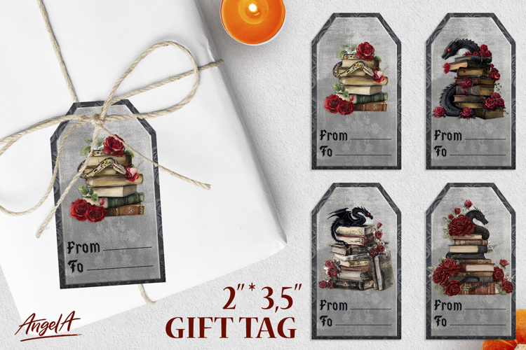 Book lover gift tags, gothic vintage books, snake, dragon