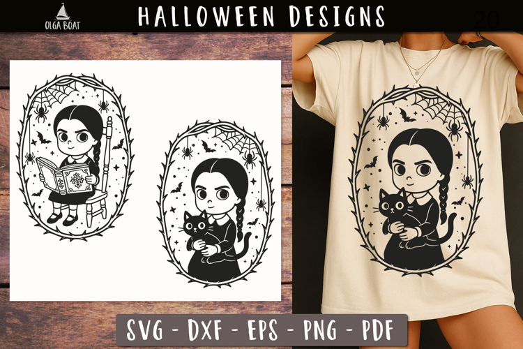 Gothic Girl Black Cat Book Halloween SVG design