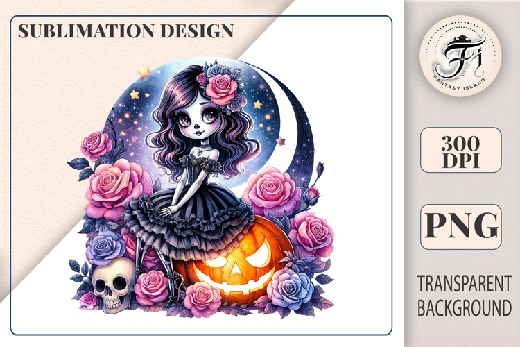 Gothic Halloween Girl Clipart | Dark Cute Pumpkin Art | PNG
