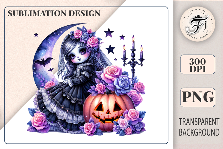 Watercolor gothic clipart of a girl with a pumpkin and roses. Perfect for Halloween designs, stickers, and printing. PNG, 300 DPI.