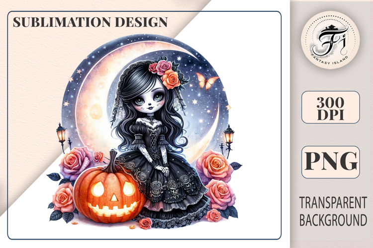 Gothic Halloween Girl Clipart | Dark Cute Pumpkin Art | PNG