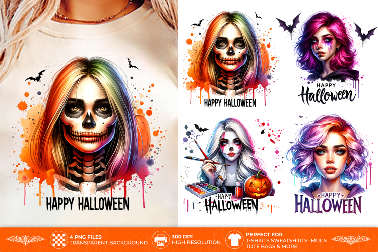 Gothic Halloween Girl PNG - 4 Witchy Sublimation Designs