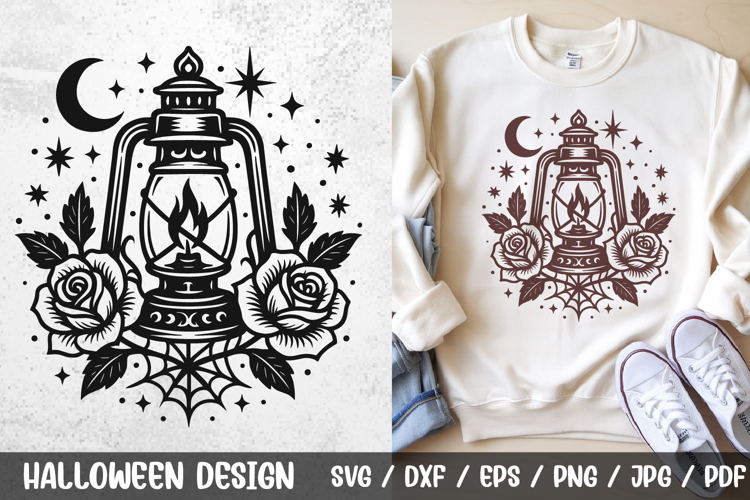 Gothic Halloween Oil Lantern SVG, Vintage Lantern with Roses