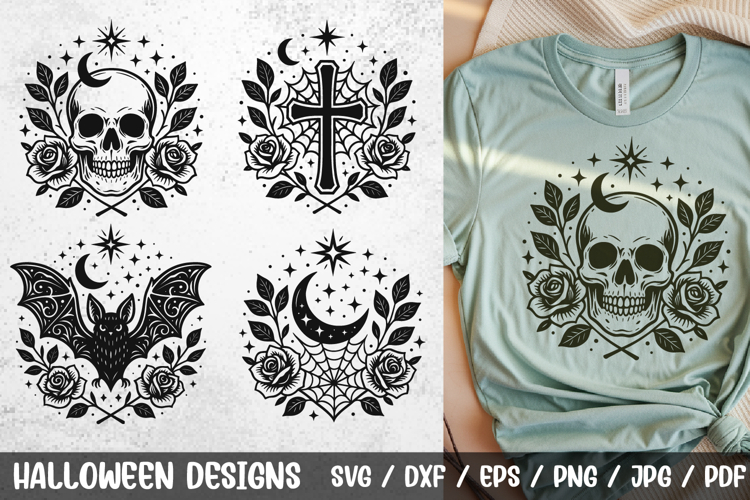 Gothic Halloween Skull, Bat SVG|Dark Moon, Cross, Spiderweb
