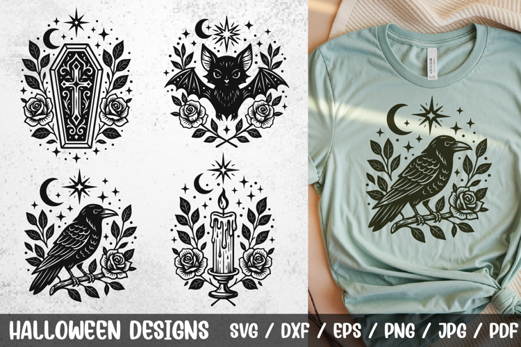 Gothic Halloween SVG | Raven, Bat, Coffin & Candle PNG
