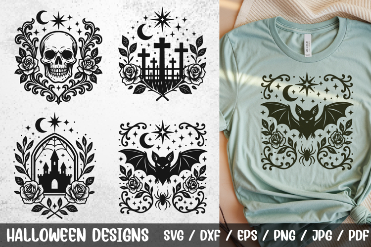 Gothic Halloween SVG | Skull, Graveyard, Castle & Bat PNG