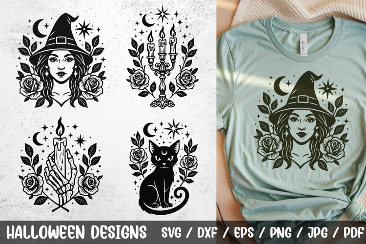 Gothic Witch & Black Cat Halloween SVG Cut Files
