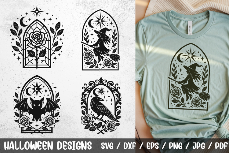 Gothic Stained Glass Witch & Raven Halloween SVG Cut Files