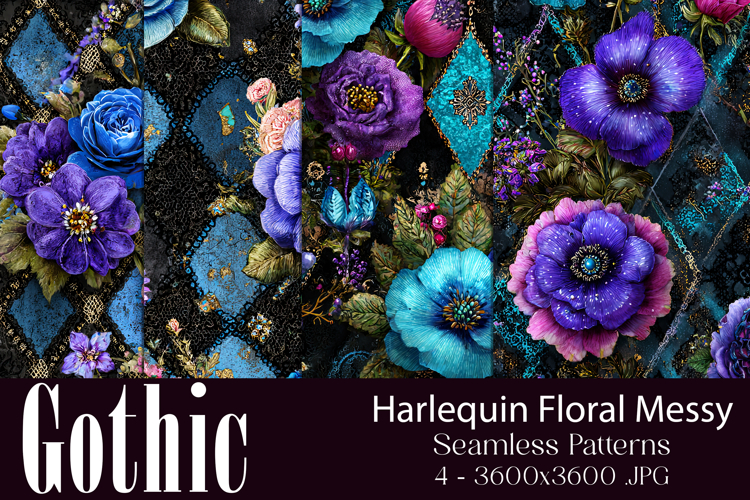 Gothic Patterns, Messy Harlequin Roses Seamless Patterns, s1