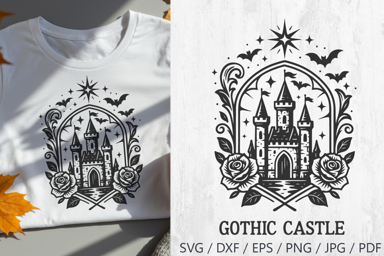 Gothic Haunted Castle with Bats, Roses and Stars Halloween