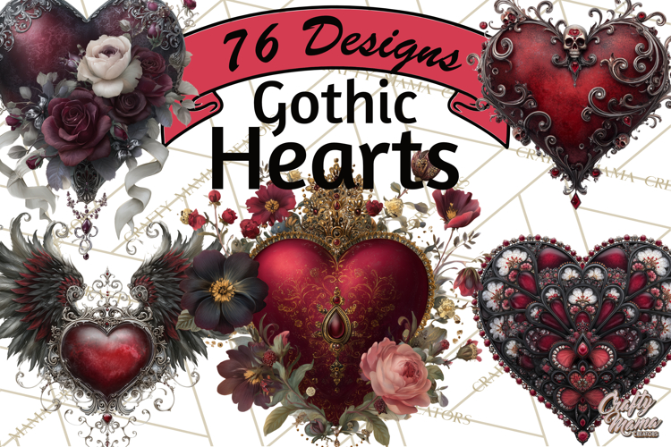 Ornate Gothic Valentine Hearts, Dark Romantic Clipart PNG