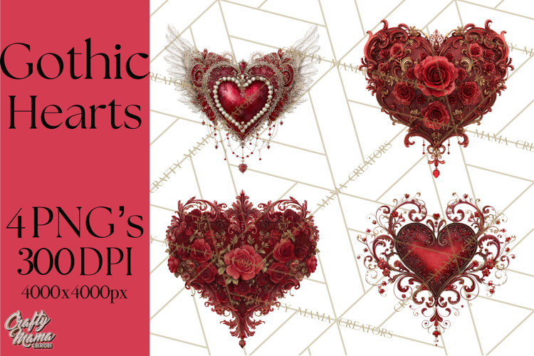 Ornate Gothic Valentine Hearts, Dark Romantic Clipart PNG