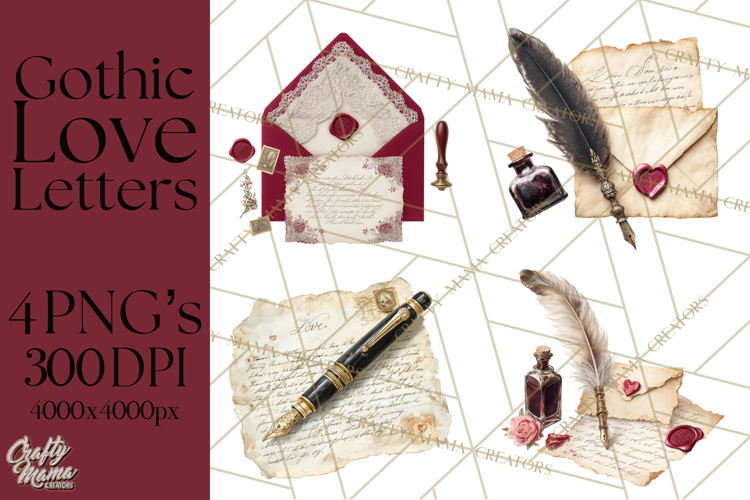 Gothic Victorian Love Letter Clipart, Romantic Stationery