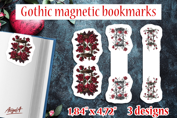 Floral Gothic magnetic bookmarks hourglass red roses