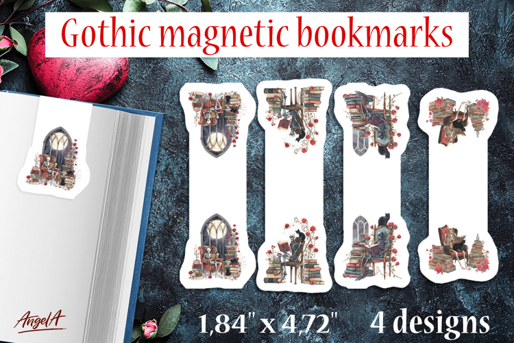 Floral Gothic magnetic bookmarks Book lover Skeleton PNG