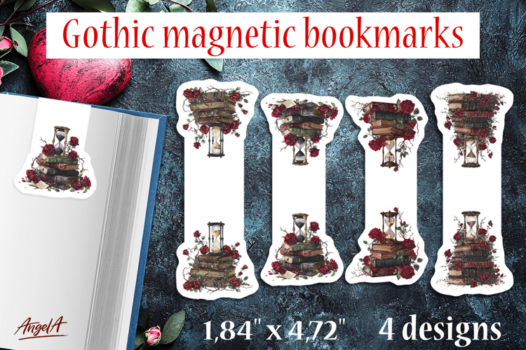 Gothic magnetic bookmarks Book lover gift Hourglass red rose