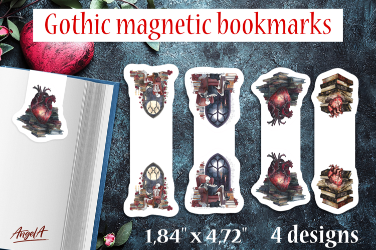 Floral Gothic magnetic bookmarks Skeleton Anatomical heart