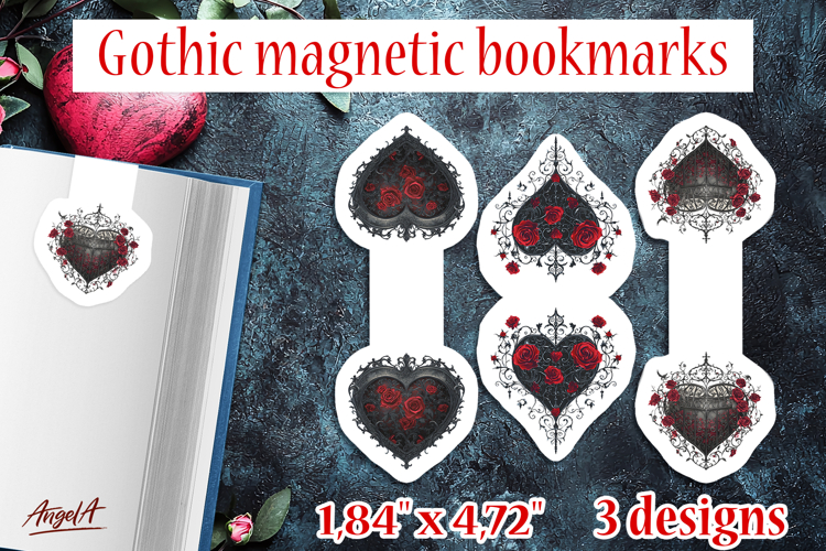 Floral Gothic magnetic bookmarks Vintage heart and red roses