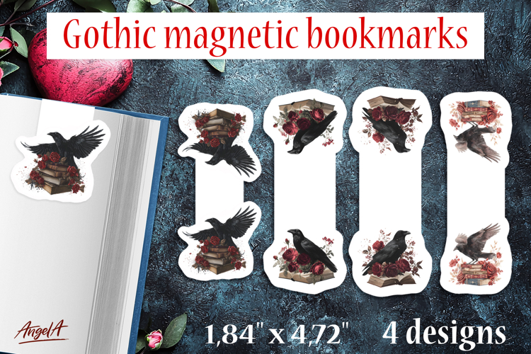 Gothic magnetic bookmarks Book lover gift Black raven roses