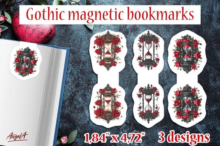 Floral Gothic magnetic bookmarks hourglass red roses