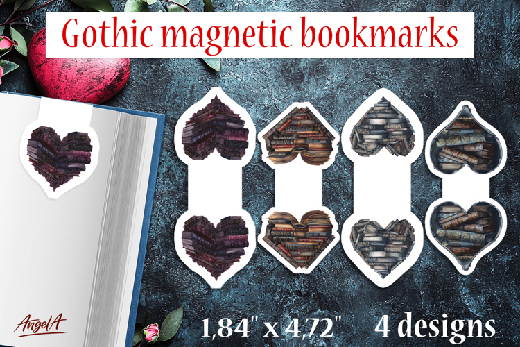 Gothic magnetic bookmarks Book lover gift Heart shape books