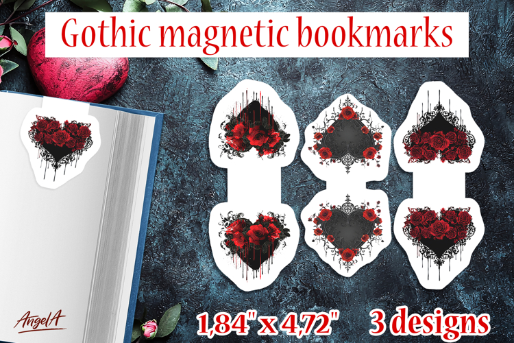 Floral Gothic magnetic bookmarks Vintage heart and red roses
