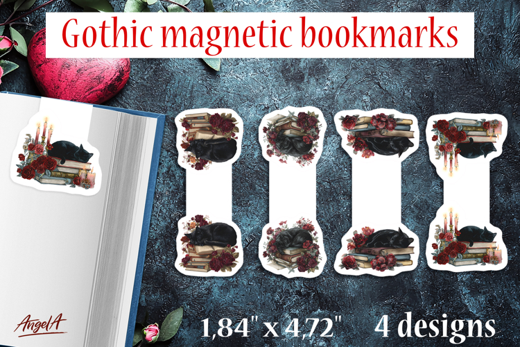 Gothic magnetic bookmarks Book lover gift Black cat on books