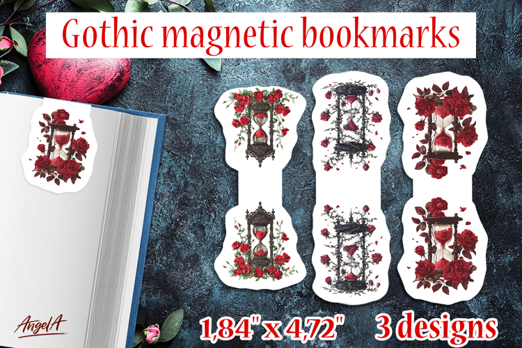 Floral Gothic magnetic bookmarks vintage hourglass red roses