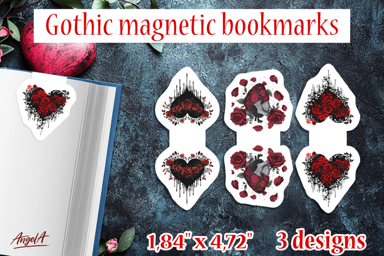 Floral Gothic magnetic bookmarks Anatomical heart red roses