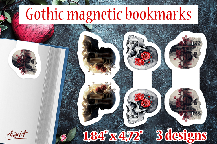 Floral Gothic skull magnetic bookmarks Double exposure PNG
