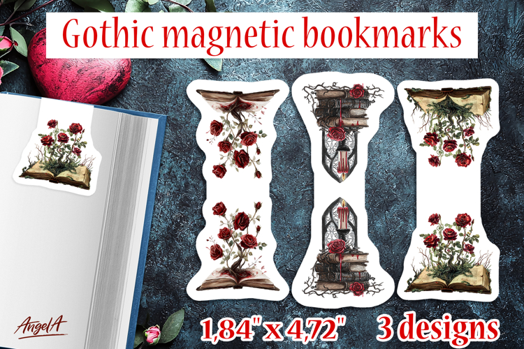 Floral Gothic magnetic bookmarks open book, candle, red rose