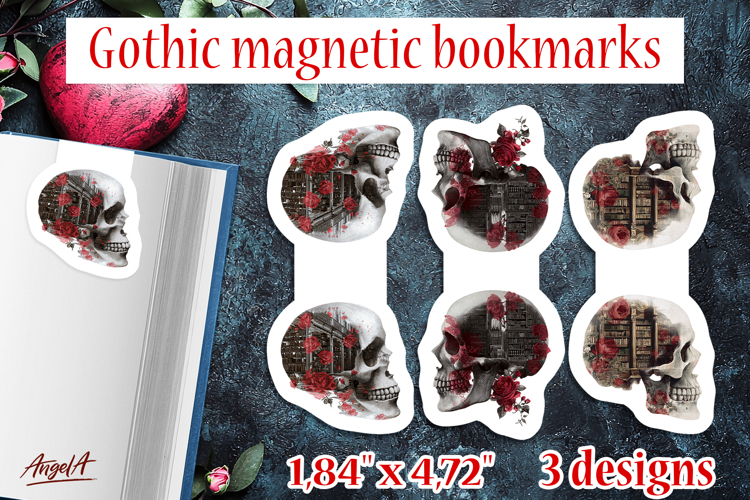Gothic magnetic bookmarks Double exposure Skull books roses