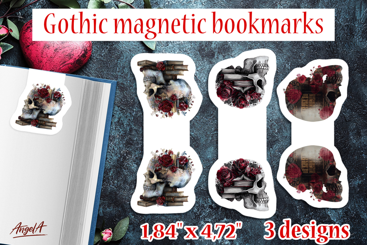 Floral Gothic magnetic bookmarks Skull book stack roses
