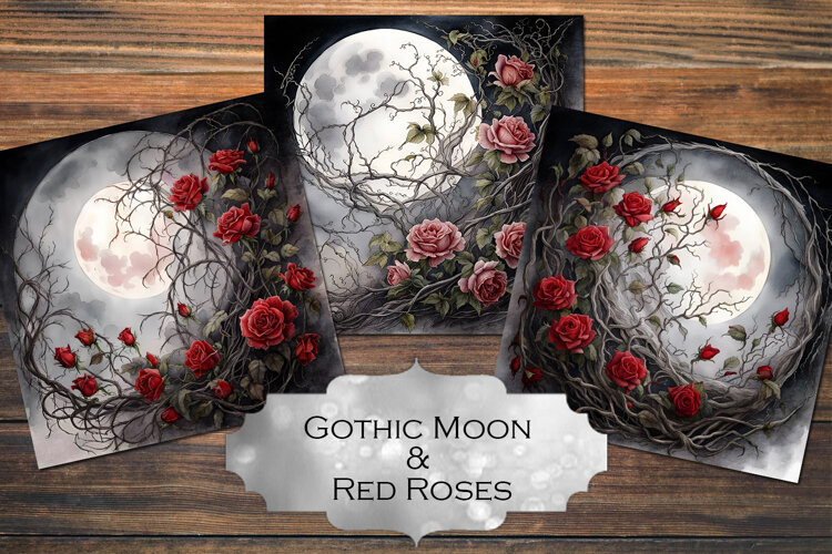 3 Gothic Moon & Red Rose Vine Backgrounds example image 1