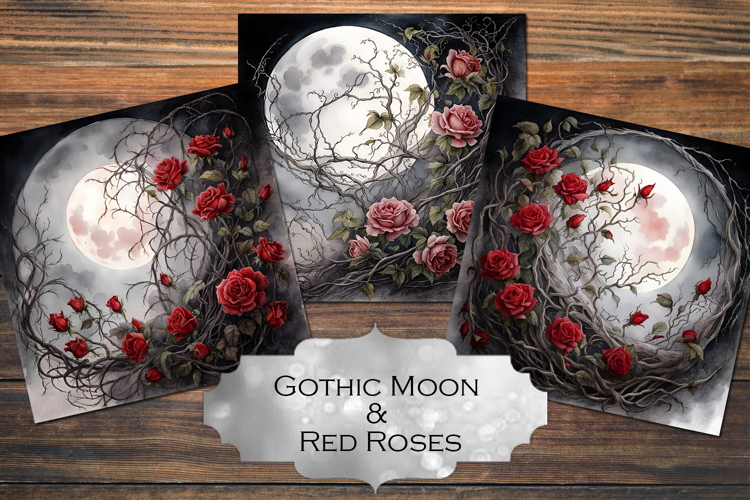 3 Gothic Moon & Red Rose Vine Backgrounds