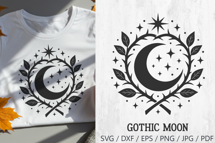 Gothic Moon with Stars and Leaves Halloween SVG PNG Clipart