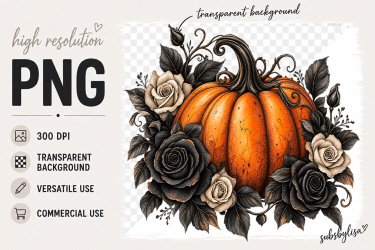 Gothic Pumpkin png, Black Floral Pumpkin clipart sublimation example image 1