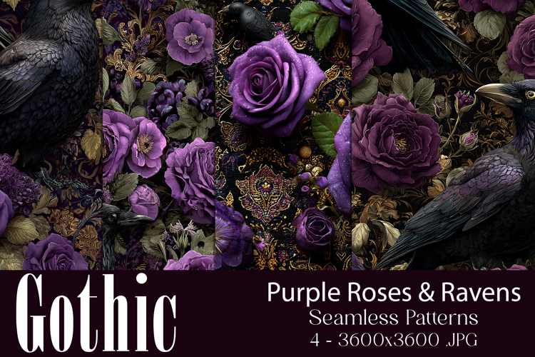 Gothic Patterns, Purple Roses x Ravens Seamless Patterns, s1