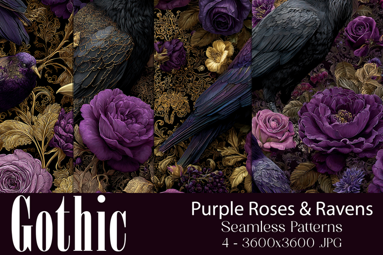 Gothic Patterns, Purple Roses x Ravens Seamless Patterns, s2