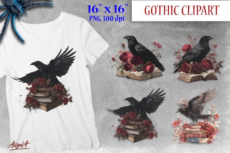 Gothic book clipart with flowers, raven, vintage books PNG