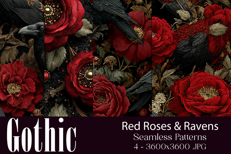 Gothic Patterns, Red Roses x Ravens Seamless Patterns, s1