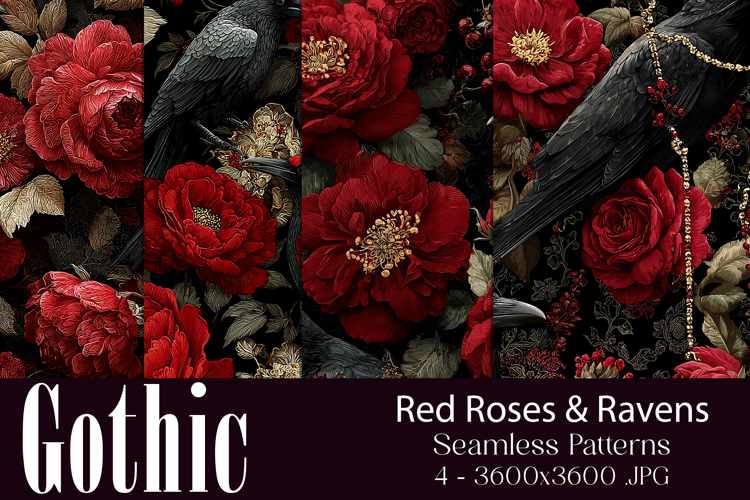 Gothic Patterns, Red Roses x Ravens Seamless Patterns, s2