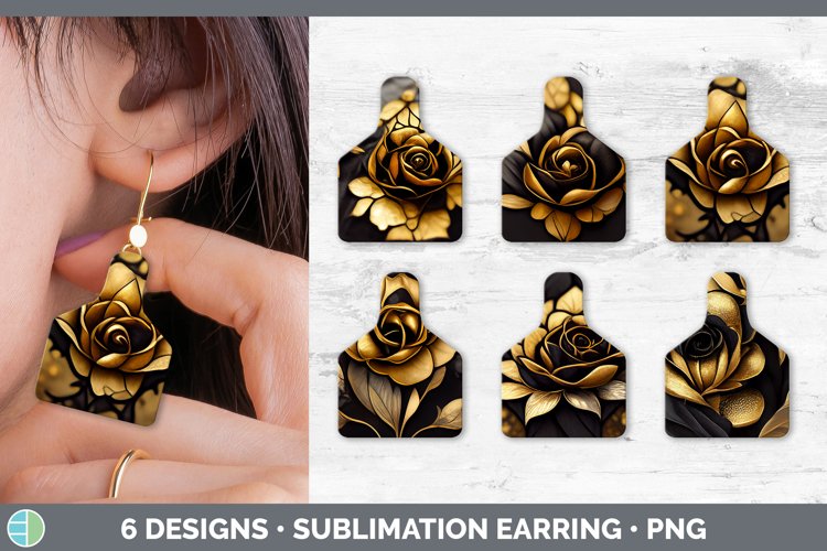 Black and Gold Rose Cow Tag Earring | Sublimation Cattle Ear
