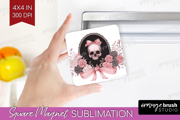 Gothic Skull Cute Magnet Sublimation Pink Halloween Square