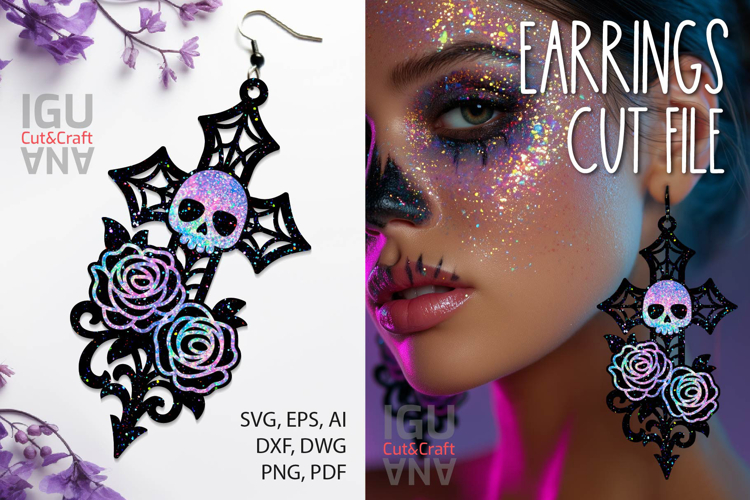 Gothic Cross Roses Earring Laser Cut | Halloween Skull SVG