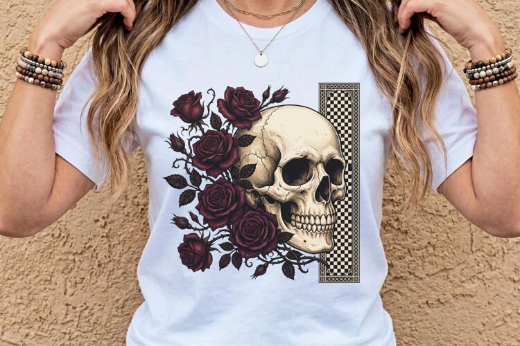Vintage Gothic Skull and Red Roses PNG