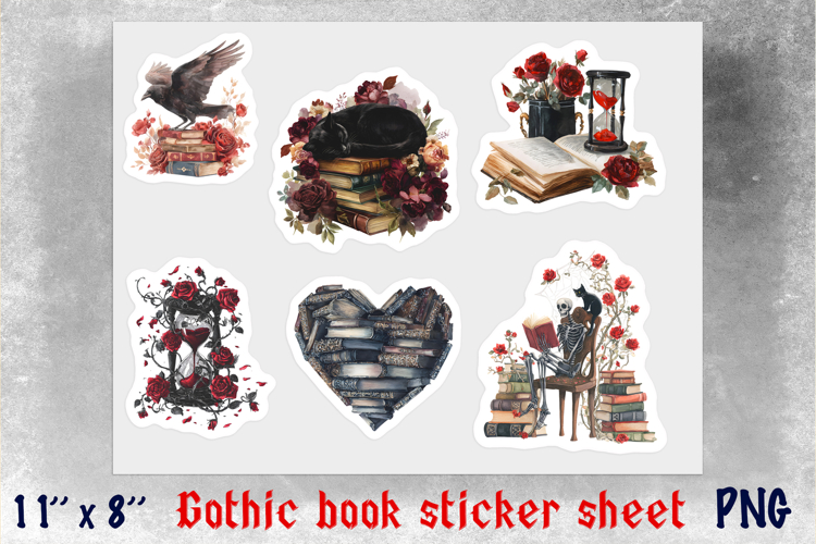 Gothic Book lover sticker Floral Print and cut stickers PNG
