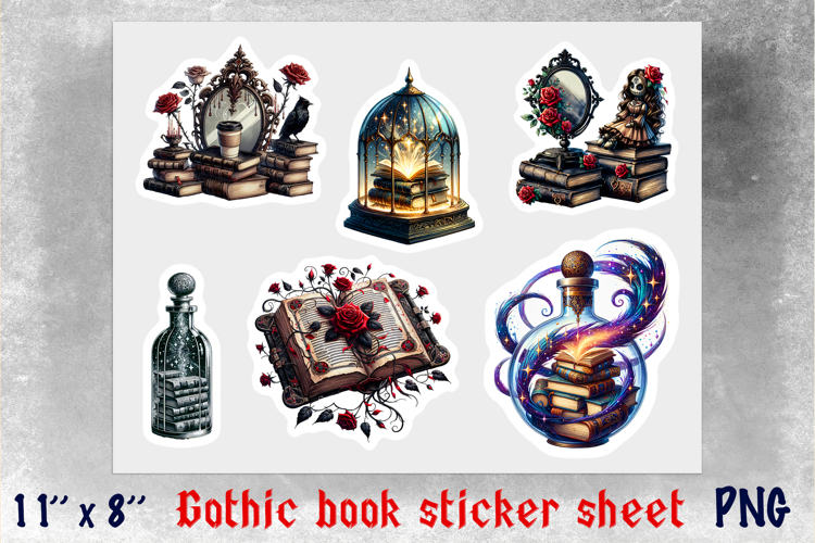 Book lover stickers sheet magic Vintage Floral Gothic PNG