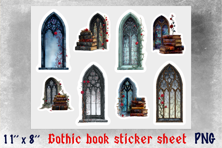 Gothic window Vintage Book lover stickers Stickers sheet PNG